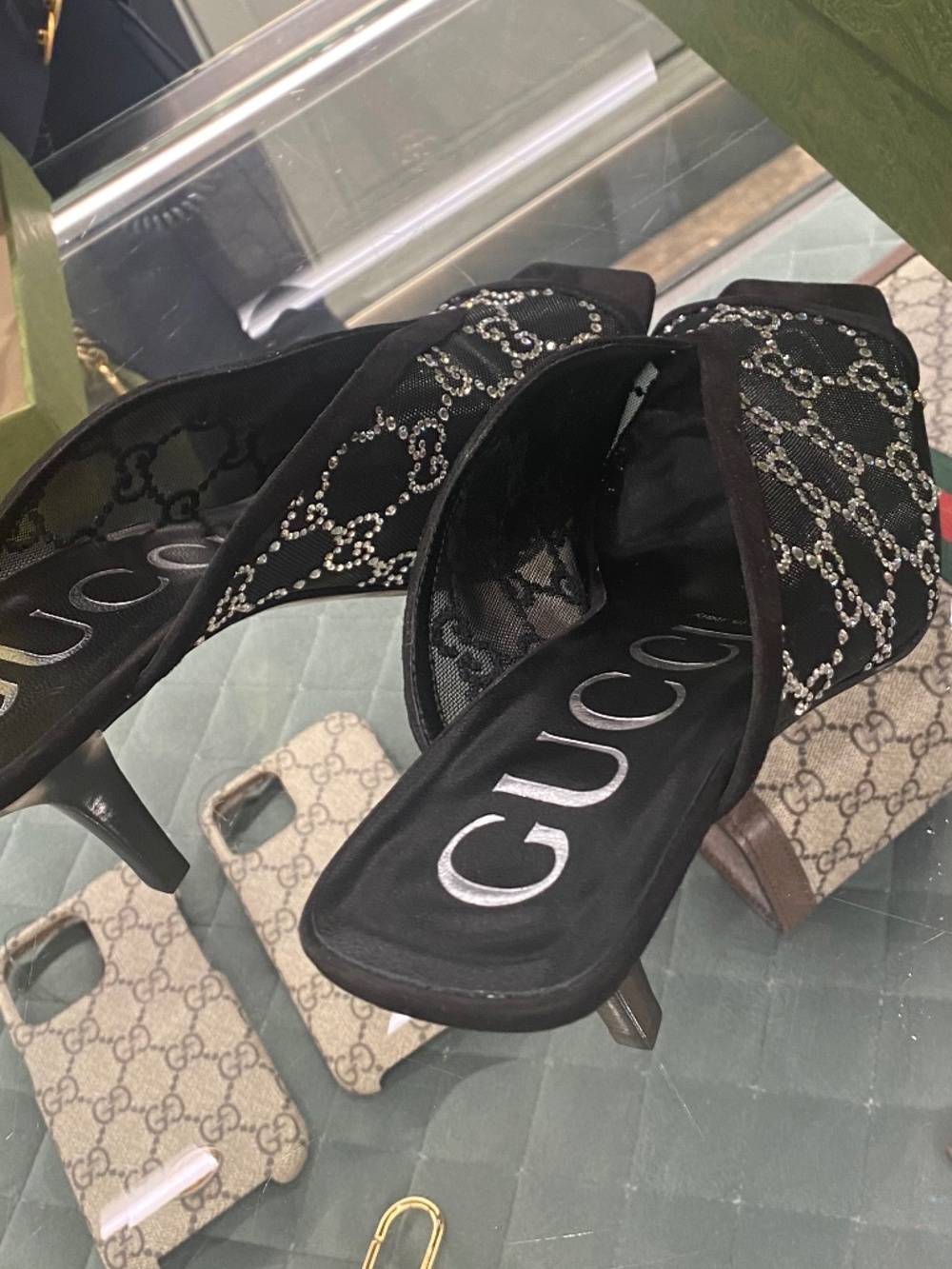 Gucci mesh crystal mules